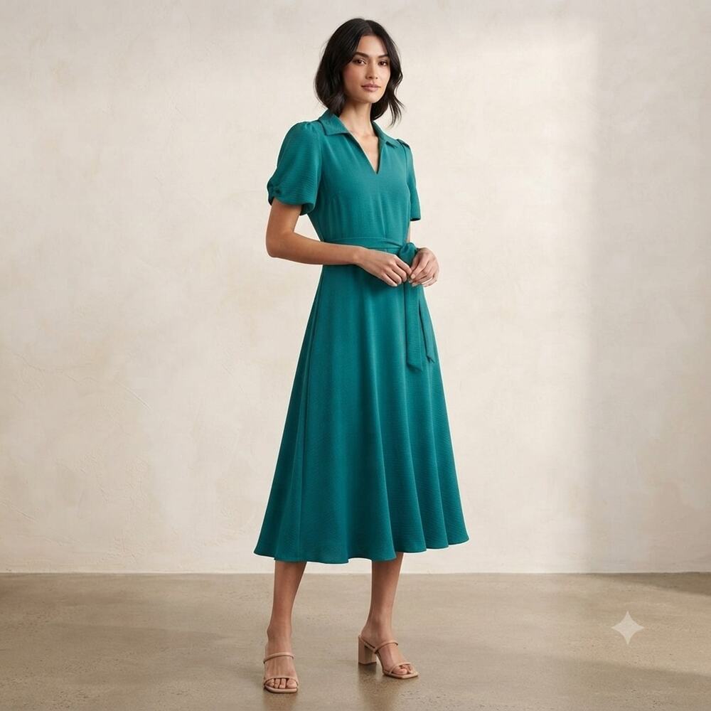 Harper Rose Deep Green Textured Crepe Midi Dress Puff Sleeve Tie Waist Size 12